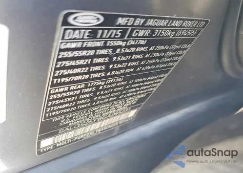 2016 Land Rover Range Rover Supercharged из США, поврежденный, VIN SALGS2EF6GA265231